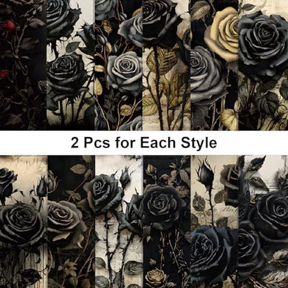 24 Sheets Black Rose Pattern Paper, 6" x 6" Rose Scrapbooking Supplies Paper Decorative Craft Paper for DIY Card Making Photo Album Junk Journal Décor - Image 3