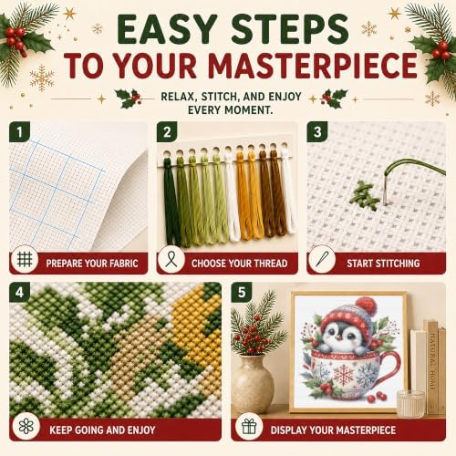 AuraDraw Christmas Stamped Cross Stitch Kits for Beginners Adults, Penguin Patterns Dimensions Needlepoint Art Crafts, Embroidery Kits for Beginners Adults for Home Decor 14x14inch - Image 5