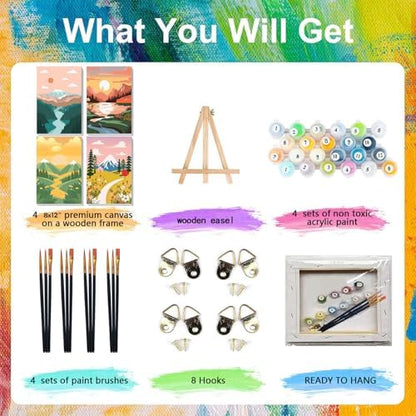 4 Pack Scenery Paint by Numbers for Adults with Frame Canvas - Wooden Easel - Image 4
