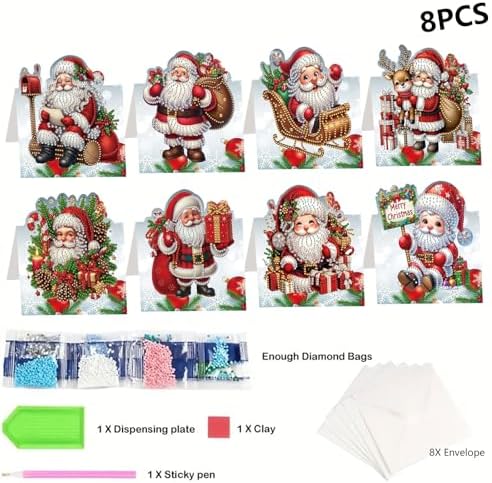jinglinhh 8pcs Diamond Art Painting Christmas Santa Claus Greeting Cards with Envelopes, DIY Card Making Kits for Adults, Diamond Art Postcards Christmas Cards Craft Gifts - Image 3