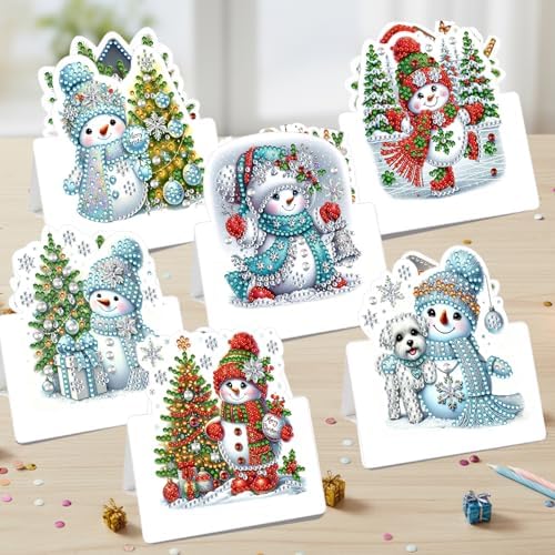 6 Packs Snowman DIY Diamond Art Greeting Cards with Envelopes Special Shaped 3D Fold Rhinestone Painting Card Handmade Gem Dots Art Kit for Beginner Adult Birthday Holiday Blessing Gift - Image 2