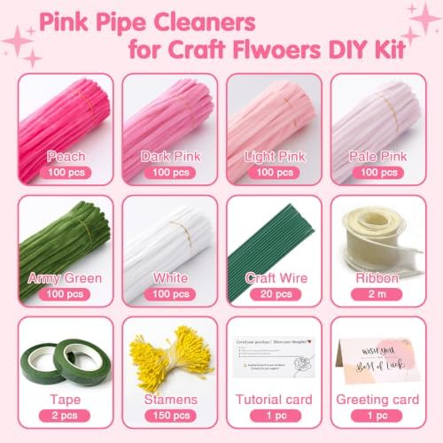 AHAMETON 620Pcs Pastel Pink Pipe Cleaners Flower Kit,Chenille Stems Craft - Image 2