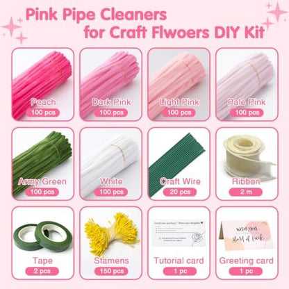 AHAMETON 620Pcs Pastel Pink Pipe Cleaners Flower Kit,Chenille Stems Craft - Image 2