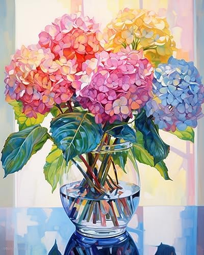 Tucocoo Hydrangea in Glass Vase Window Landscape Paint by Numbers for Adults Beautiful Flower DIY Paint by Numbers Acrylic Paint Canvas Colorful Flowers Painting Kits Art 16x20 Inch（Without Frame） by Tucocoo