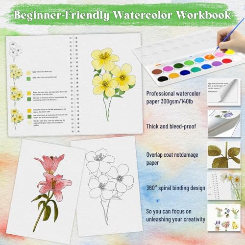 Beginners Watercolor Workbook for Adults, Step-by-Step Coloring Book Set - Image 3