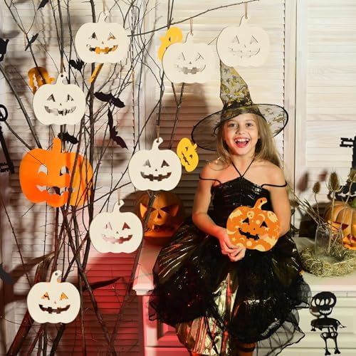 Large Size 7inch Wooden Halloween Thanksgiving Ornaments to Paint,Pumpkin Cutouts Unfinished DIY Blank Unfinished Pumpkin Wood Discs Ornament for Crafts Hanging Autumn Decorations 10PCS - Image 6