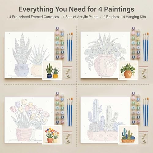 Amphol Framed Paint by Numbers Kit for Adults Beginners - 4 Pack 10”x10” Easy Plant Potted Paint by Number on Framed Canvas, DIY Small Frame Painting Arts with Acrylic Paints for Home Wall Decor Gift - Image 7