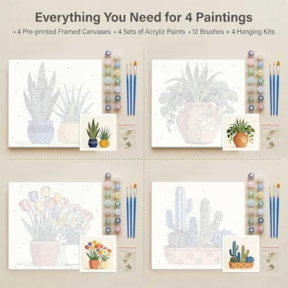 Amphol Framed Paint by Numbers Kit for Adults Beginners - 4 Pack 10”x10” Easy Plant Potted Paint by Number on Framed Canvas, DIY Small Frame Painting Arts with Acrylic Paints for Home Wall Decor Gift - Image 7