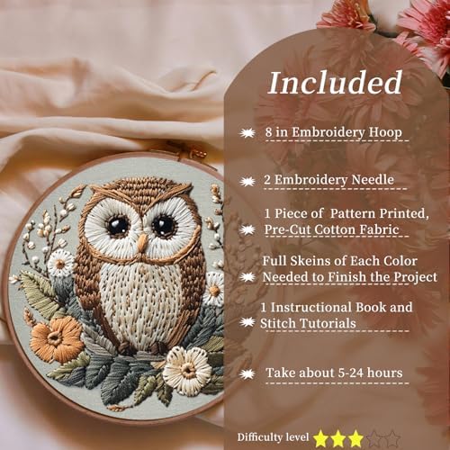 FONNUY Embroidery Kit for Beginners, Owl Flowers Pre-Stamped Pattern Kits for Adults with Hoop, Easy to Follow Color Thread Needlework, 8'' Hoop (Brown) - Image 2
