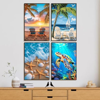 4 Pack Framed Paint by Numbers Kit for Adults with Wooden Easel, Beach - Image 2