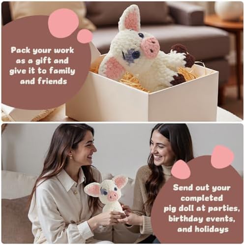 Linhao Jew Crochet Kit for Beginners – Knitting Kits Cute Animal Kitten Keychain with Pre-Started Easy Yarn, Step-by-Step Video Tutorials for Adults DIY Crafts (Pig) - Image 4