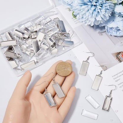 1 Box 90Pcs 30 Sets Earring Bezel Blanks Stainless Steel Earring Wire Hooks 10x25mm Rectangle Bezel Pendant Trays with Glass cabochons Silicone Backs for Jewelry Making DIY Dangle Charms - Image 3
