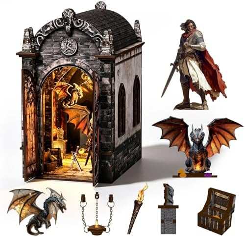 DIY Book Nook Kit, 3D Wooden Puzzle for Adults, Miniature House Kit with Touch LED Light, Gothic Bookshelf Insert Decor, Creative Hobby Gift for Fantasy Lovers (Dragons Treasure Labyrinth) by ANTREATU