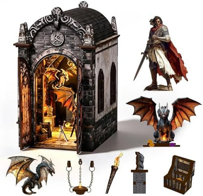 DIY Book Nook Kit, 3D Wooden Puzzle for Adults, Miniature House Kit with Touch LED Light, Gothic Bookshelf Insert Decor, Creative Hobby Gift for Fantasy Lovers (Dragons Treasure Labyrinth) by ANTREATU