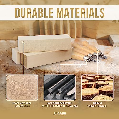 JJ CARE Wood Carving Kit [8 SK7 Carving Knives with Beechwood Handle, 10 Basswood Carving Blocks, Carrying Case, Whittling Book], Beginner Wood Carving Kit - Image 6