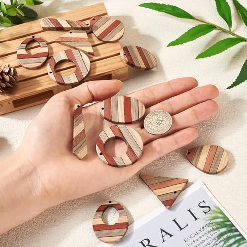 FASHEWELRY 12Pcs Striped Resin Wood Earring Charms Boho Wooden Earring Blanks Geometric Wooden Earring Pieces Vintage Bohemian Charms for DIY Jewelry Making (Khaki) - Image 7