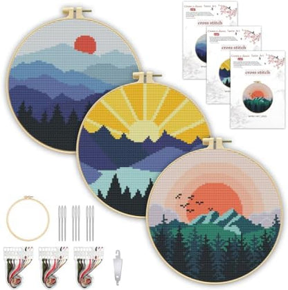 3 Pack Landscape Stamped Cross Stitch Kits for Beginners,with Hoop 8x8in by TCDZMYGS