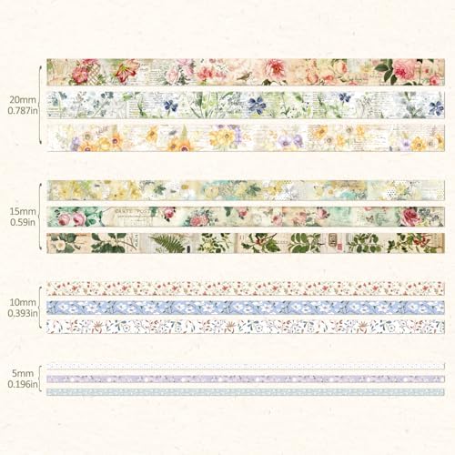 Vintage Botanical Scrapbooking Supplies Kit, Aesthetic Flower Scrapbook Kit for Bullet Junk Journal, 12 Rolls Washi Tape, Stickers Papers for DIY Journaling Supplies, Craft Gift for Girl Women - Image 3