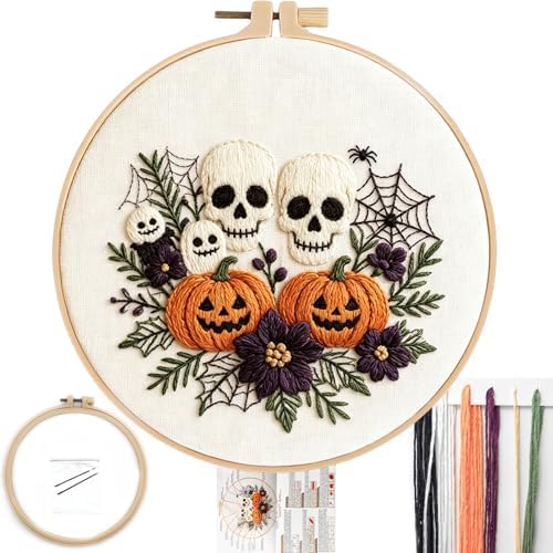 FONNUY Halloween Embroidery Kits for Beginners,Skull Pumpkin Spider Web Floral Stamped Cross Stitch Kit for Adults, Spooky Season Boho Wall Decor, 8'' Hoop (Skull) by FONNUY