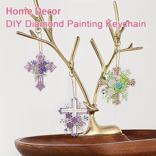 15 pcs Summer Theme Diamond Art Keychain Ornaments Double Sided 5D DIY Diamond Painting Keychain Kits for Adults Key Ring Art Pendant Decor (Cross) - Image 5