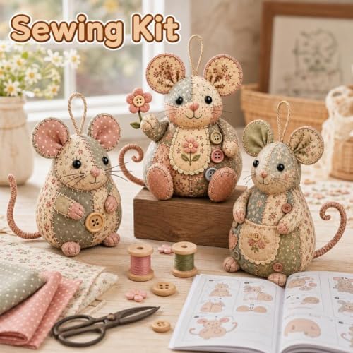 Patchwork Mouse DIY Kit,Handmade Sewing Craft Kit with Pre-Cut Fabric,Stuffing and Buttons,Creative Patchwork Animal Craft Project,Cute Mouse Ornament DIYKit,for Adults,Beginners,Gift for CraftLovers - Image 3