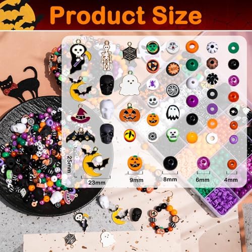2100+PCS Halloween Beads Kit for Jewelry Making, Spooky DIY Crafts with Clay Charms Acrylic Rounds Pearls Pumpkin Skull Beads Ghost Witch Hat Bat Charms DIY Halloween Bracelets Necklace Earrings Craft - Image 2