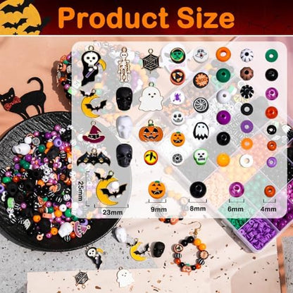 2100+PCS Halloween Beads Kit for Jewelry Making, Spooky DIY Crafts with Clay Charms Acrylic Rounds Pearls Pumpkin Skull Beads Ghost Witch Hat Bat Charms DIY Halloween Bracelets Necklace Earrings Craft - Image 2