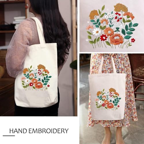 MAMUNU Canvas Tote Bag Embroidery Kit with Pattern for Beginners, Arts and DIY Crafts Kits for Adults, Include Instructions Embroidery Bag, Embroidery Hoops, Color Threads and Tool - Image 2