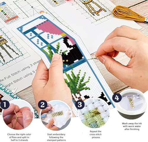ACRNIGHEET 6PCS Cross Stitch Bookmark Kits Cute Cat and Plants Pattern Stamped Cross Stitch Kits for Beginners Adults DIY Stamped Embroidery Bookmarks with Instructions Hand Embroidery Craft Gift 11CT - Image 4