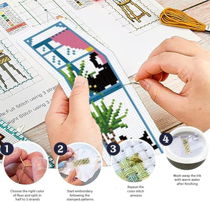 ACRNIGHEET 6PCS Cross Stitch Bookmark Kits Cute Cat and Plants Pattern Stamped Cross Stitch Kits for Beginners Adults DIY Stamped Embroidery Bookmarks with Instructions Hand Embroidery Craft Gift 11CT - Image 4