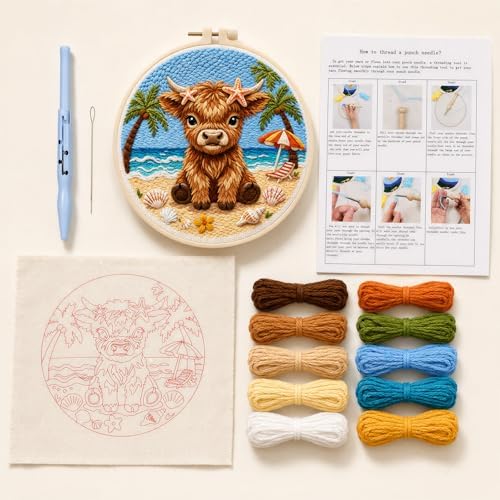 ZMHKJZDQ Punch Needle Kits for Beginners,DIY Punch Needle Embroidery with Fabric, Hoops, Yarns and Sewing Needles for Adults Children Festival Gift and Home Decor, 20x20cm (Starfish Highland Cow) - Image 2