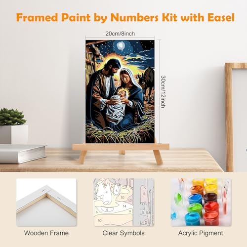 MOGTAA Nativity Scene Paint by Numbers Kit for Adults Beginners with Frame, Christmas Adult Paint by Number Kits on Canvas with Easel, Easy DIY Oil Painting Kits for Home Decor, 8x12in - Image 2