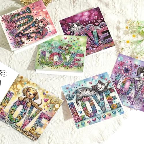 6-Pack DIY Diamond Art Painting Cards, LOVE Dog & Cat Art Kits - Image 2