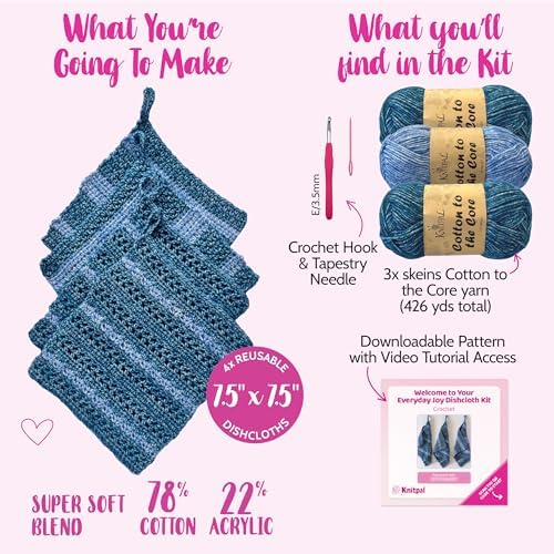 KnitPal Dishcloth Crochet Kit for Beginners (Jean Blue + Sky Blue) - Image 3
