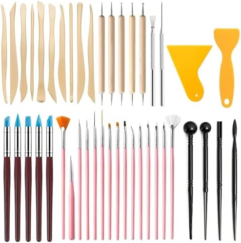 43PCS Polymer Clay Tools Kit, Clay Sculpting Art Tool Set with Wooden Carving Tools, Ball Stylus, Silicone Scrapers, Art Brushes & Detail Needles for Pottery, Modeling, DIY Crafts for Beginners-Pink by DAIXIANGER