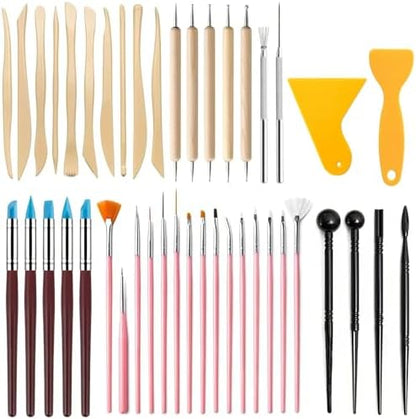 43PCS Polymer Clay Tools Kit, Clay Sculpting Art Tool Set with Wooden Carving Tools, Ball Stylus, Silicone Scrapers, Art Brushes & Detail Needles for Pottery, Modeling, DIY Crafts for Beginners-Pink by DAIXIANGER