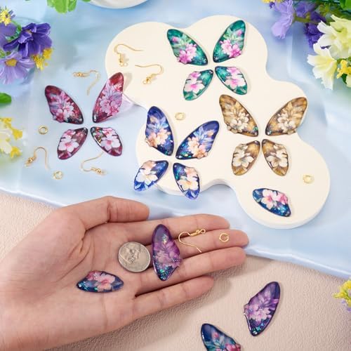 FASHEWELRY 24Pcs Resin Feather Wing Charms Gradient Color Floral Prints Wing Earring Pendants Colorful Butterfly Charms with Gold Foil for Jewelry Making - Earring Hooks & Jump Rings - Image 2