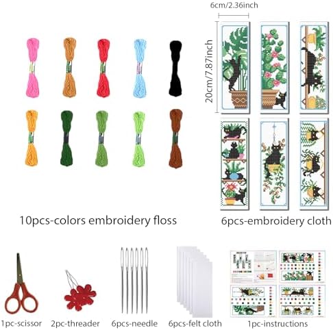 FREEBLOSS 6 Set Cross Stitch Bookmark Kits Cat and Potted Plants Stamped Cross Stitch Kit for Beginners, Printed Embroidery Bookmarks Kit with Instructions for Adults, 8''x2.4'' - Image 2