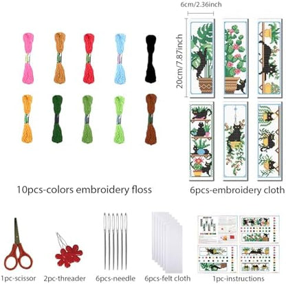 FREEBLOSS 6 Set Cross Stitch Bookmark Kits Cat and Potted Plants Stamped Cross Stitch Kit for Beginners, Printed Embroidery Bookmarks Kit with Instructions for Adults, 8''x2.4'' - Image 2
