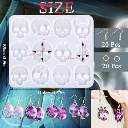82 PCS Halloween Skull Earring Molds Kits with Holes, 12 Pairs Silicone Resin Molds with 40 Earring Hooks Epoxy for Halloween Decorations Pendants Keychains - Image 3