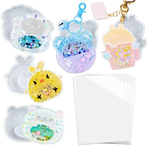 FUNSHOWCASE Epoxy Resin Shaker Molds Set Jewelry Casting Supplies, Bear, Chick, Sheep, Beer Mug, Game Console 5 Silicone Trays with 5 Seal Films, Height 2-2.4inch by FUNSHOWCASE