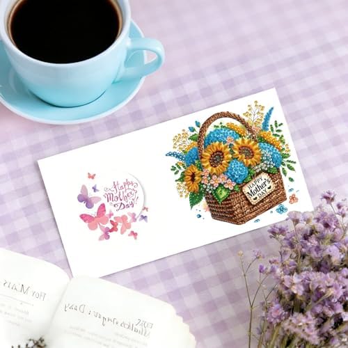 6Pcs Mother's Day Greeting Card DIY Diamond Art Painting Greeting Cards Special Shaped Diamond Blessing Folding Card Kit Arts Crafts for Holiday Festival-Flower Basket - Image 4