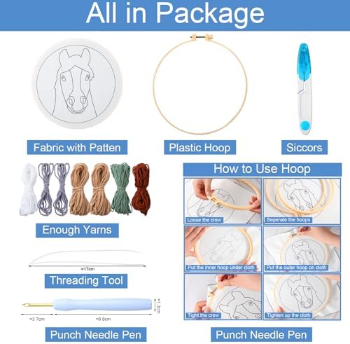 SmoothNovelty Horse DIY Punch Needle Kits for Beginners with Hoop Embroidery Fabric Instructions Thread Punch Needle Craft Set Easy for Starter Adults and Children Gift Decoration, 20x20cm-4 - Image 2