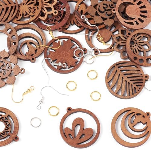 Elecrelive Wood Filigree Earrings Making Kit 20pcs Flat Round Earring Charms Hollow Wood Pendants for DIY Earring Necklace Jewelry Making - Image 7
