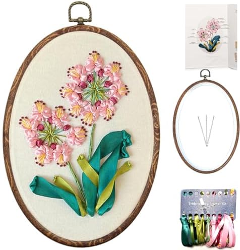 FONNUY Ribbon Embroidery 3D Flowers Pattern Design Kit Embroidery DIY Handwork Set Oval Home Decoration (Pink Crabapple) by FONNUY