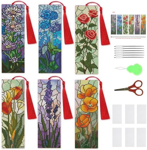 NEGEKFKX 6 Pcs Flowers Cross Stitch Bookmark Kit for Adult Beginners by NEGEKFKX