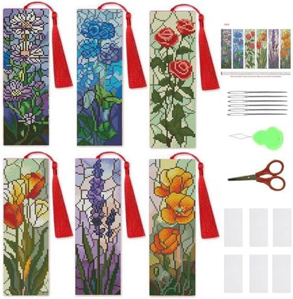 NEGEKFKX 6 Pcs Flowers Cross Stitch Bookmark Kit for Adult Beginners by NEGEKFKX