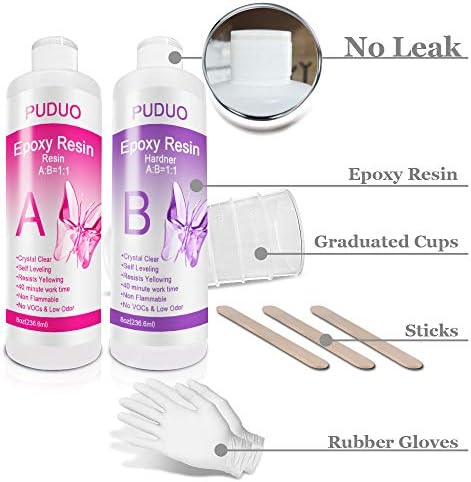 Epoxy Resin Crystal Clear Kit for Art, Jewelry, Crafts, Coating- 16 OZ Including 8OZ Resin and 8OZ Hardener | Bonus 4 pcs Measuring Cups, 3pcs Sticks, 1 Pair Rubber Gloves by Puduo - Image 4