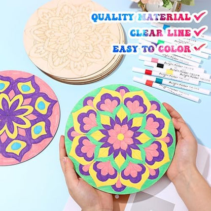 Vercraft 22 Pcs Wooden Mandala Painting Set 10 Cutouts 12 Markers, Stylish - Image 3
