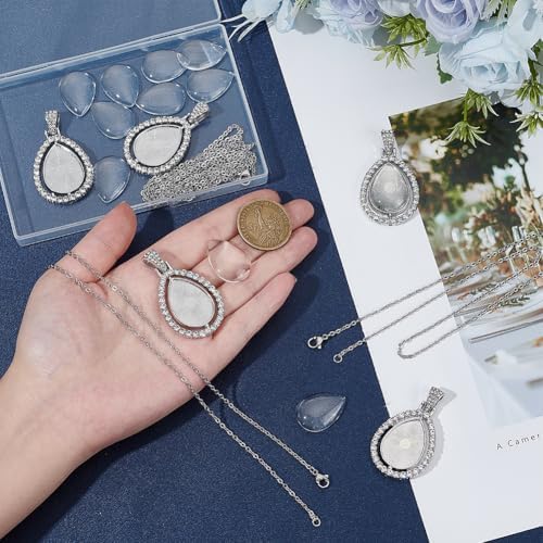 24Pcs 6 Sets Pendant Tray Set Teardrop Bezel Pendant Trays with Glass Cabochons and Chain Rhinestone Rotatable Double Sided Bezel Charms for Jewelry Making Supplies Necklace Gift Adults - Image 3